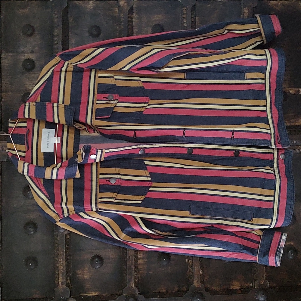 Sun & Stone Men's (L) Denim Trucker Jacket 100% Cotton Bold Multicolor